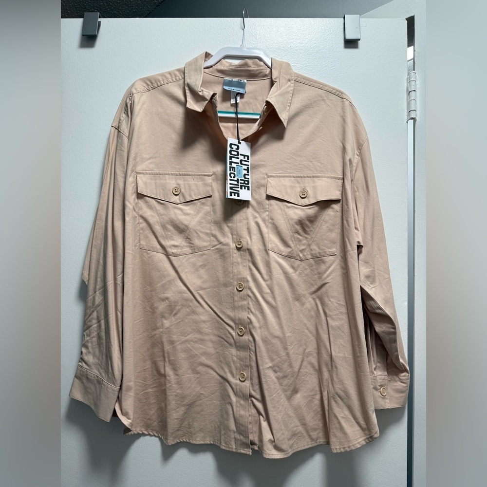 Future Collective Women's Beige Button Down Shirt